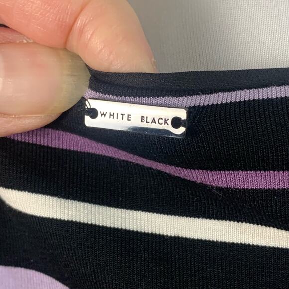 White House Black Market Sz S Ruched Sheath Dress Purple Black Striped Stretch - Picture 8 of 11